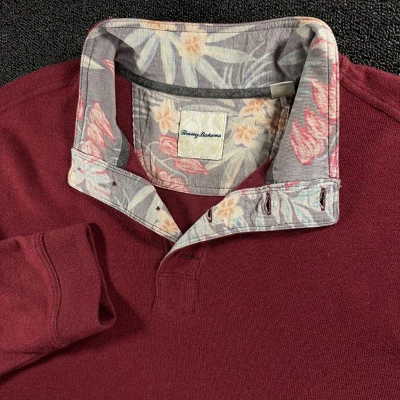 Tommy Bahama Mens XXL Burgundy Red Floral Collar‎ 1/4 Button Pullover Sweater
