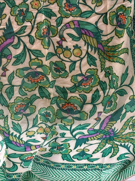 Vintage 1960’s Floral Peacock 🦚 Bird Silk Scarf 🧣 in Green & Cream white unique