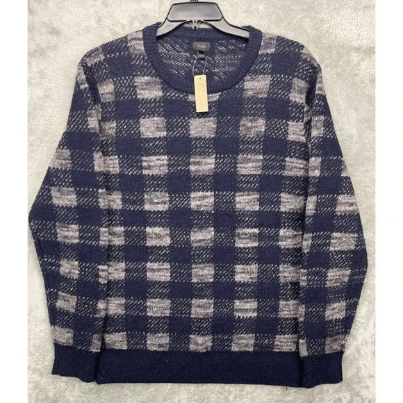NWT J Crew‎ Men's Sweater Sz L Blue Gray Check Linen Wool Alpaca Long Sleeve