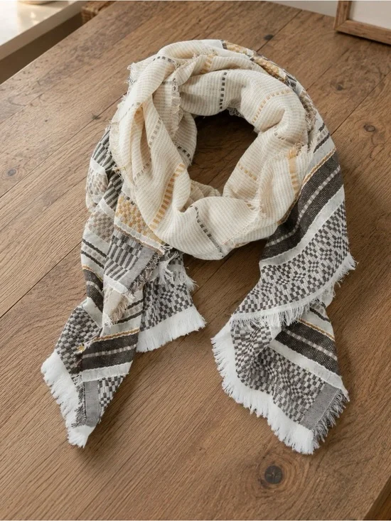J. Jill Jacquard Stripes Scarf Cream Multi Cotton Fringe NWT