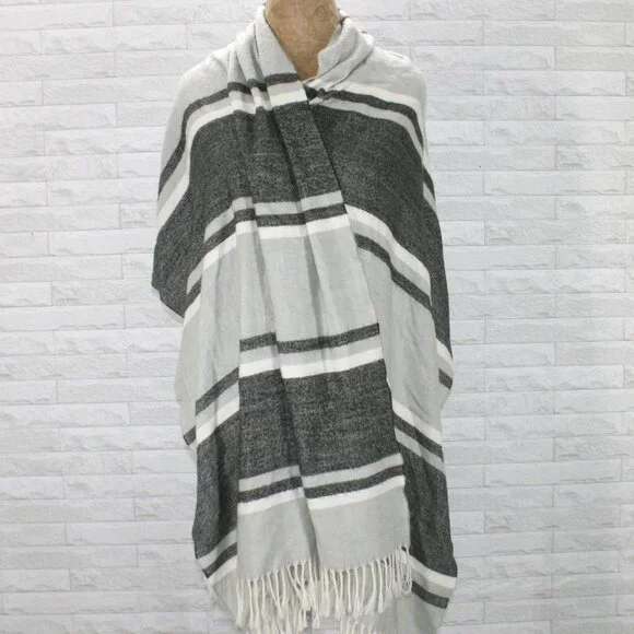Scarf Blanket Wrap Striped Fringe Marled Gray Charcoal White Warm Cozy Oversized