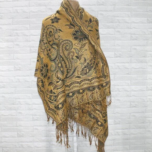 BLANKET SCARF Floral Paisley Reversible Gold Metallic Wide Wrap Fall Accessory