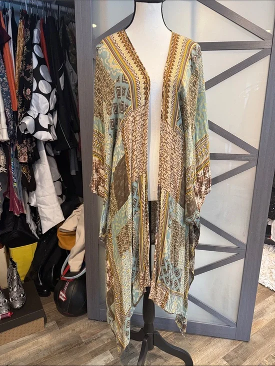 easel Boho Patchwork Kimono Wrap in Teal, Brown & Gold