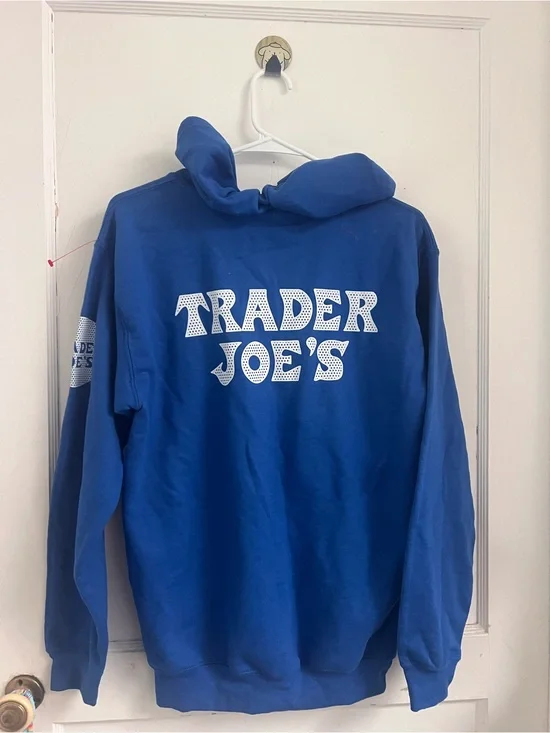 Trader Joe's Full Zip Hoodie Men's Small Employee Blue Logo Graphic Like New