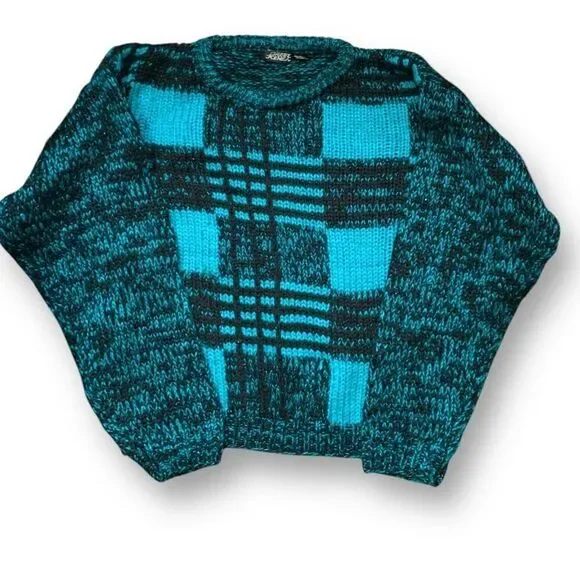 Vintage Street Scene Teal Black Checkered Plaid Loose Knit Pullover Sweater‎