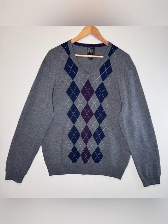Jos. A Bank Traveler Men's Size XL Merino Wool Gray V-Neck Argyle Sweater Preppy