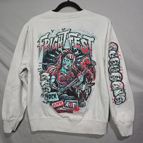 Six Flags Fright Fest Shock Axe Zombie‎ Girl UnDeb Small White Crew Sweatshirt