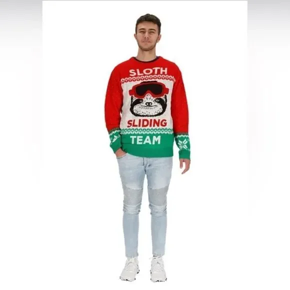 T Stars Ugly Christmas Sweater “Sloth Sliding Team” Sz Large