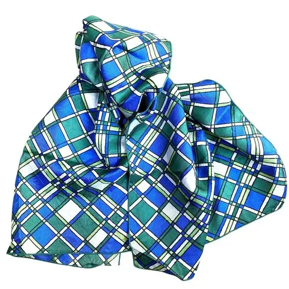 Therese Ahrens 100% acetate scarf rectangle blue green white geometric 1970's
