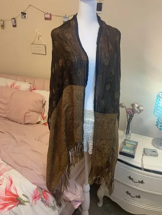 brown metallic boho scarf with fringe
