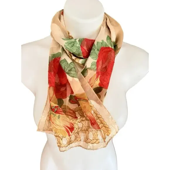 Liz Claiborne Chiffon Metallic Floral Rose Scarf Cream Red Rope Border 11x52