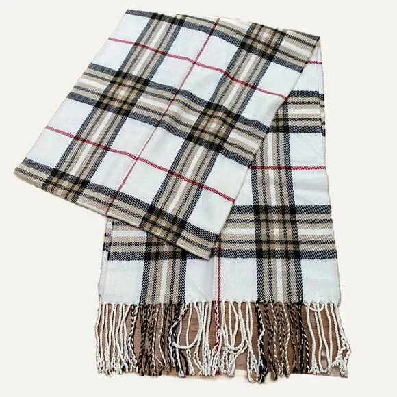 Unisex Scarf Warm Cashmere Feel Italian Design Tan Black & Cream Plaid w/ Fringe