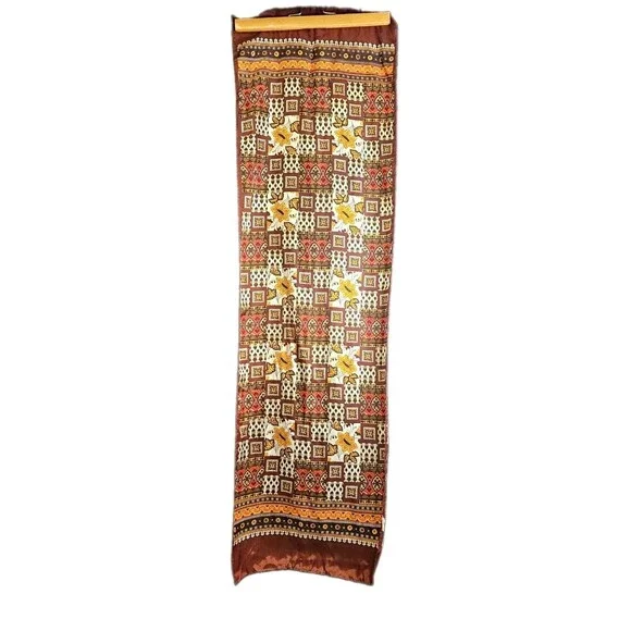 Vintage 1970s Made in Japan Acetate Scarf Brown Patchwork Floral Oblong 43x13