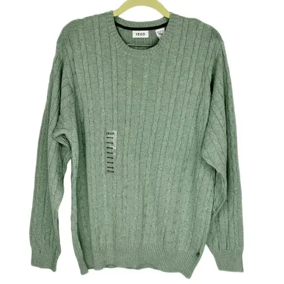 New Izod Sage Green Cable Knit Minimalistic Cotton Soft Crew Neck Sweater Medium