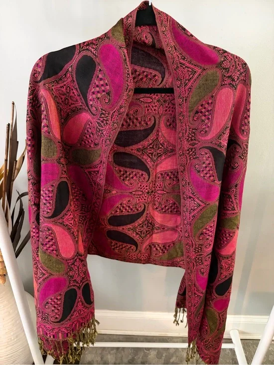 Pashmina Silk Blend Paisley Scarf Wrap Pink Olive Green Fringe Pashmina brand