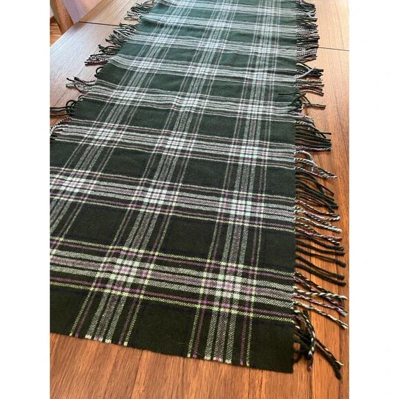 Vintage Scarf Plaid Pink Green Black 100%  Wool large womens tassle shawl