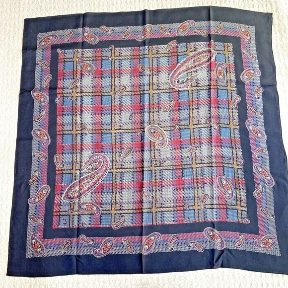 Vintage Wool Blend Scarf Wrap Black Red Purple Paisley Plaid Colorful 34” Sq