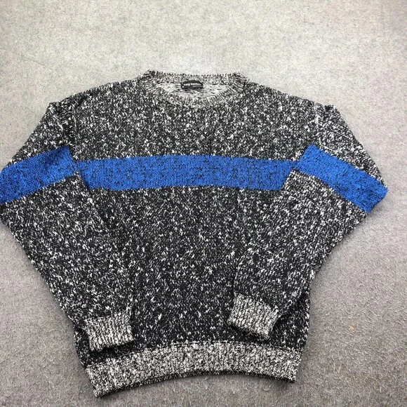 Tony Lambert Sweater Mens Medium Gray Striped Chunky Knit Crewneck Grandpa USA