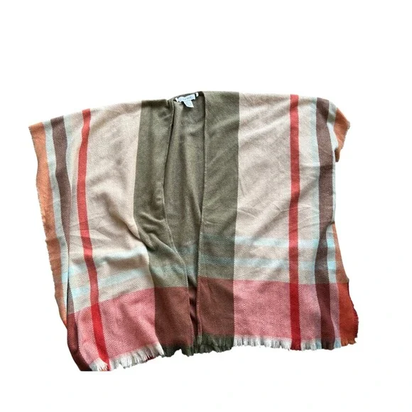Nine West Womens Plaid Poncho Wrap Olive Green‎ Rust Herringbone Fringe One Size