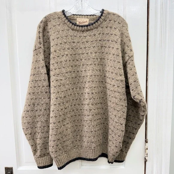 Woolrich Mens Large Tall Wool Blend Crew Neck Sweater Herb Tweed Brown 9339