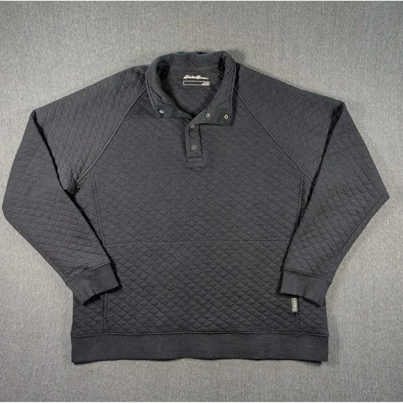 EDDIE BAUER Pullover 1/4 Snap Mock Quilted Black Sz XL Sweater Midweight EUC