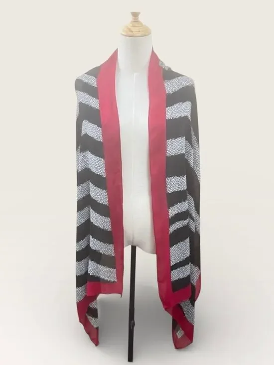 Black and White Stripe and Dot Pattern Scarf with Red Border, 70”