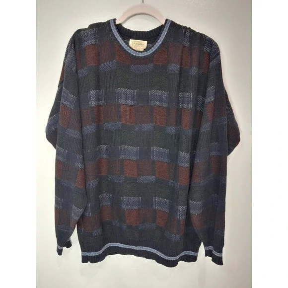 St Johns Bay Mens XLT Tall Crewneck Sweater Navy Burgundy Block Knit Vintage