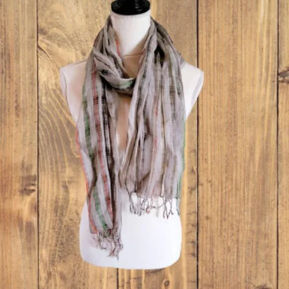 Pretty Scarf in Gray with Multiple Colors and Fringe Edges‎