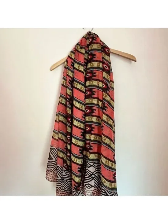 Boho Tribal Print Lightweight Scarf - Coral & Black
