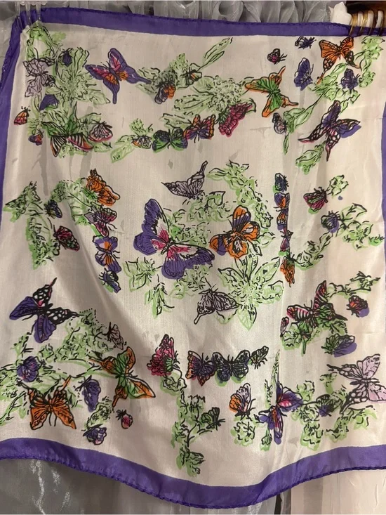 Vintage Butterfly & Botanical Foliage Silk Purple & White Scarf Made