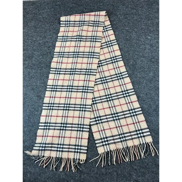 Burberry London Lambswool Scarf Womens Beige Tan Plaid Fringed Winter Preppy