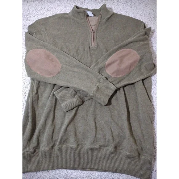 Cremieux Men’s Green Knit Sweater Xl Quarter Zip Long Sleeve Brown Elbow Patches