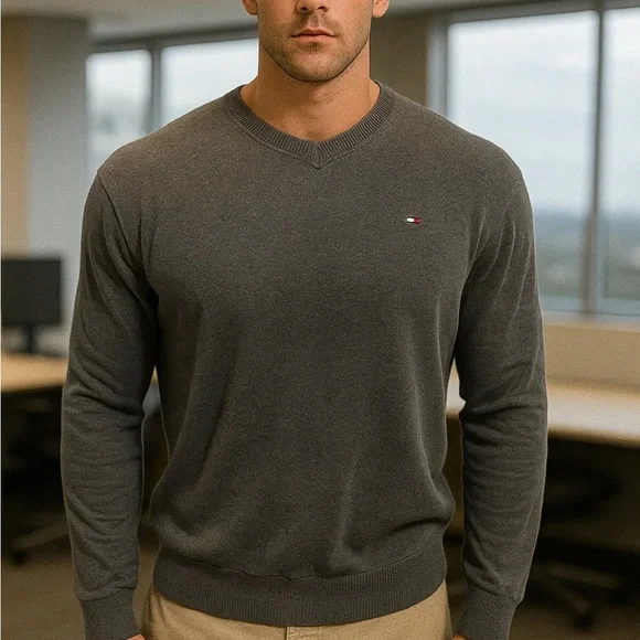 Tommy Hilfiger Men's V-Neck Sweater in‎ Charcoal Gray XL Knitwear Warm Cotton