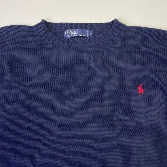 VTG Polo Ralph Lauren Mens Navy Blue Cotton Crewneck Sweater L Red Pony Logo