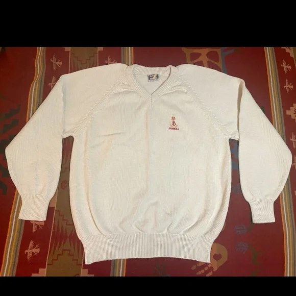 Davisons of Bermuda Sweater Mens Medium White V Neck Embroidered Bermuda Anchor