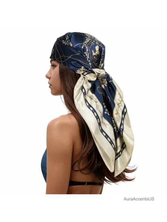 35 inch Square Silky Feel Printed Head Scarf for Women Hair Wrap Bag Accessory