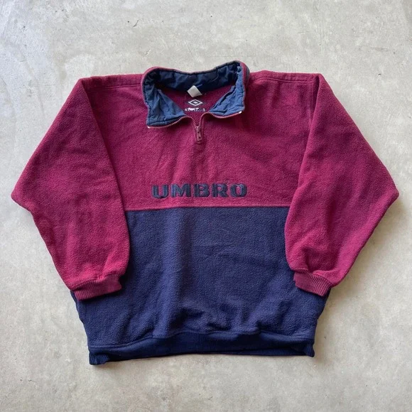 Vintage Umbro Quarter Zip Fleece Pullover Colorblock Burgundy Navy XL Mens