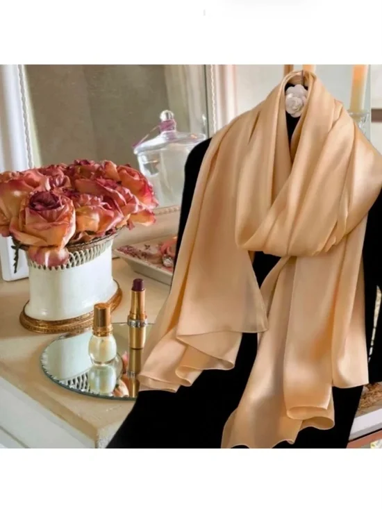 Light Caramel Beige 100% SILK SATIN Large Shawl Scarf Wrap Wedding Cover Up