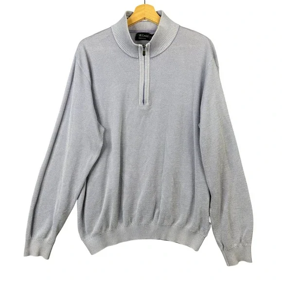 St. Croix Shop Mens XL Quarter Zip Pullover Sweater Blue Cotton Blend Mock Neck