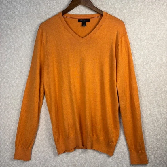 Banana Republic Mens Silk Cotton Cashmere V-Neck Sweater Orange Heather Large