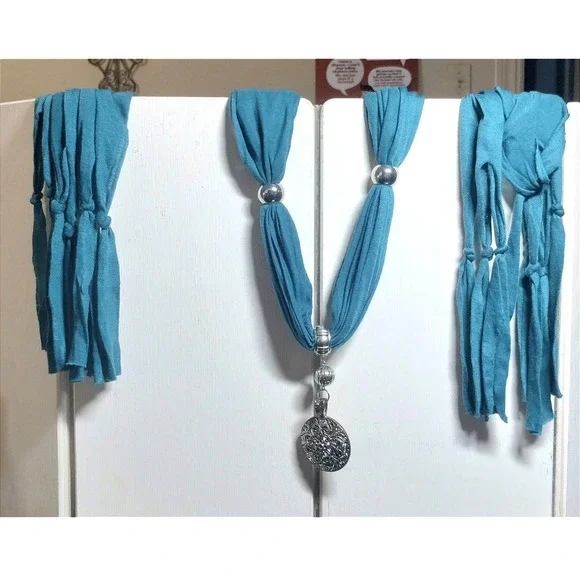 Teal Jersey Fabric Scarf Necklace Silver Filigree Mandala Pendant Boho Fringe