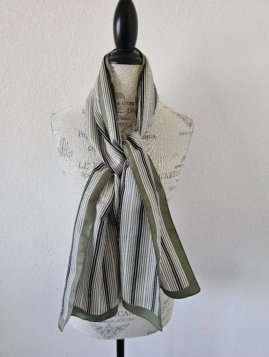 Vintage Olive Green Striped Satin Scarf Long Oblong Neck Scarf Border Trim 58x13