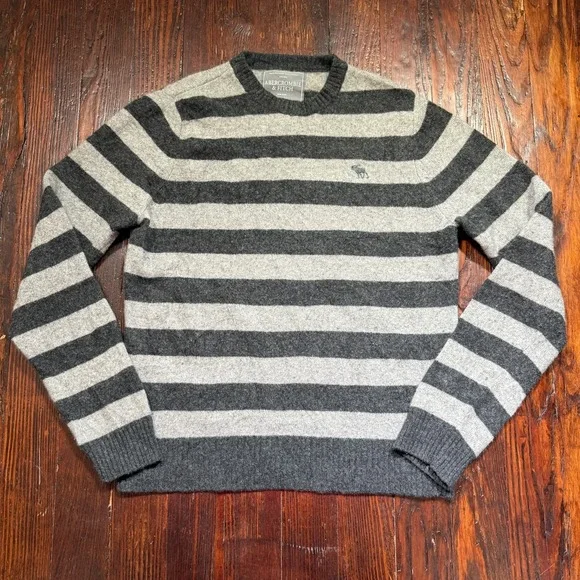 Abercrombie Fitch Sweater‎ Mens Large Gray Striped Lambs Wool Cashmere Logo