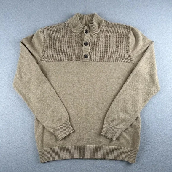 Club Room Mock Neck 3-Button 100% Cotton Pullover Mens Sweater Brown Size Medium