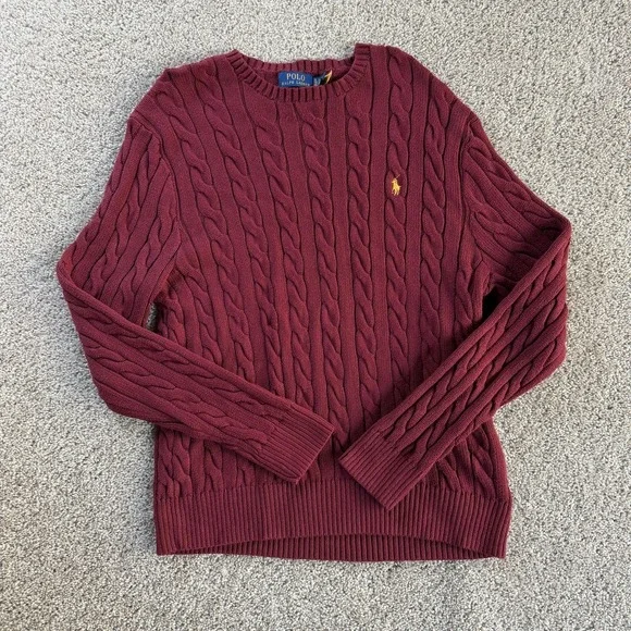 Polo Ralph Lauren Sweater Mens XL Red Cable Knit Crewneck Pullover Logo Casual