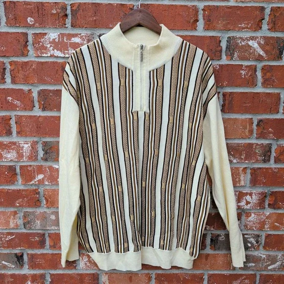 Saybury Quarter Zip Sweater Mens XL Cream Brown Striped Mock Neck Retro Knit