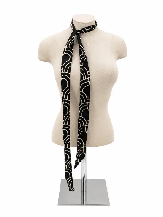 Black White Geometric Skinny Scarf Tie Accessory Silk Hair Scarf Retro Mod