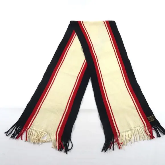 Schurwolle Wool Scarf With Fringe 52x9 Navy Blue Ivory Red Striped 1960s Vintage