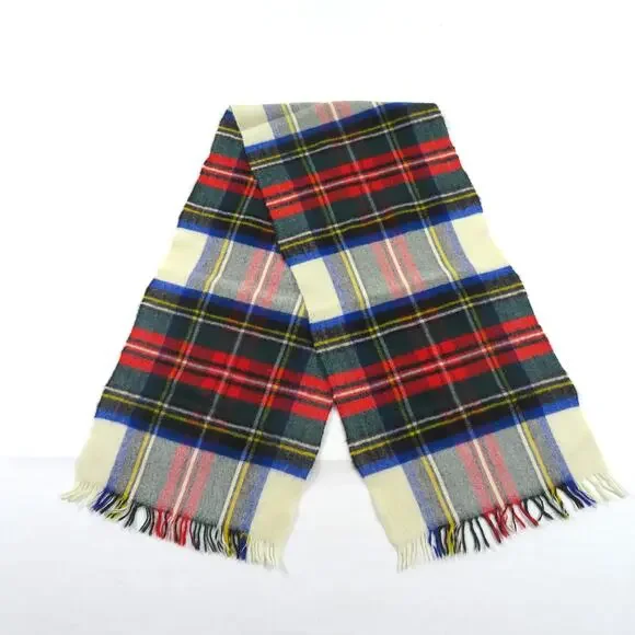 Vintage Wool Plaid Ivory Green Blue Black Yellow Red Scarf With Fringe 50x11.5
