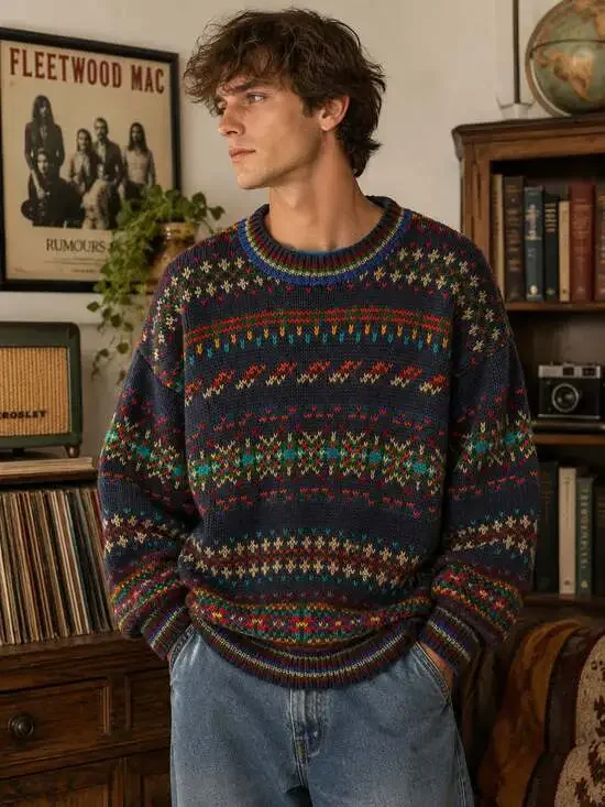 Vintage Woolrich Handframed Ramie Cotton Fair Isle Grandpa Sweater L Made HK